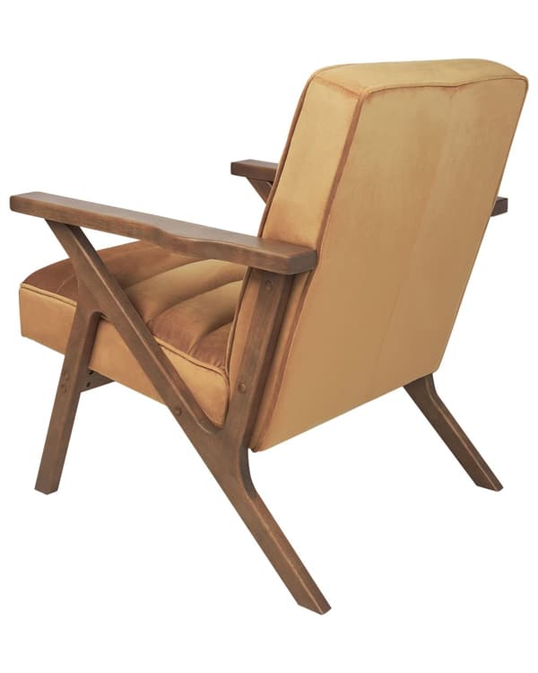 Brun velourpolstret lænestol med træstel og armlæn i retrodesign til stuen opholdsrum
