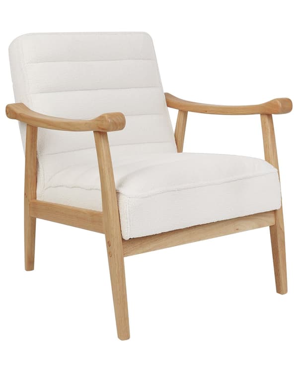 Lænestol Hvid Boucle stof Træstel Armlæn Retrodesign Hvilestol Stue opholdsrum