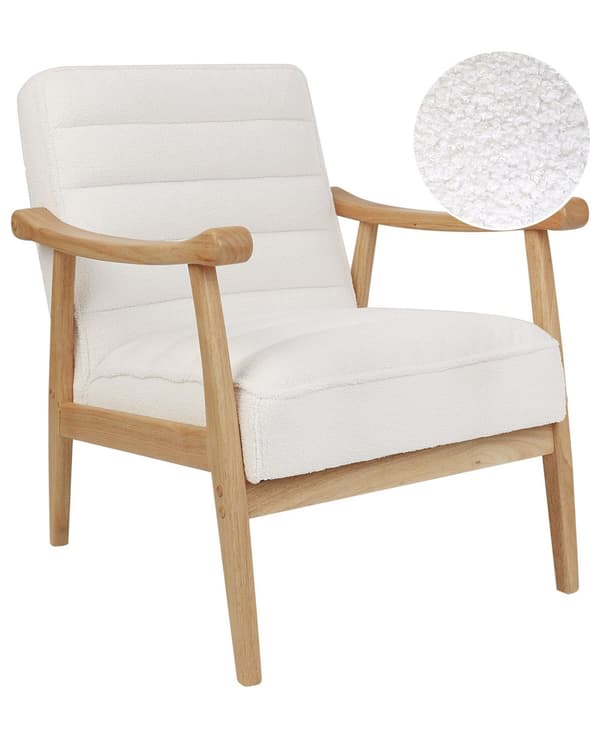 Lænestol Hvid Boucle stof Træstel Armlæn Retrodesign Hvilestol Stue opholdsrum