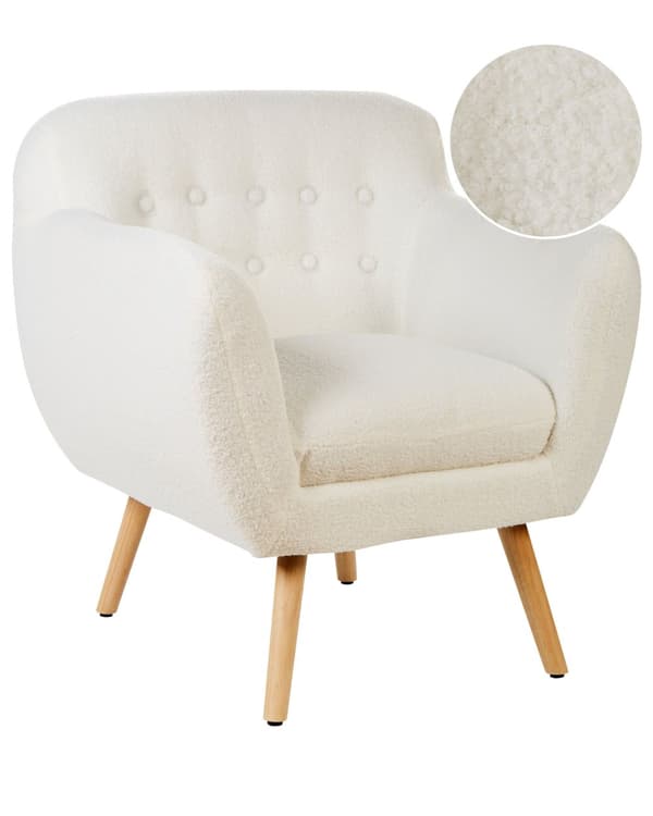 Lænestol Hvid Stof Lyst Træben 68 x 59 x 77 cm Blød Klassisk Polstret Stol til Stue Tuftet Knappet Quiltet Ryglæn Retro Stil Inspiration