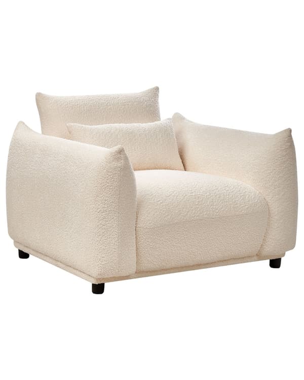 Fåtölj Vit Bouclé Tyg Mjuk Nubbig Svarta Ben Böjda Ryggstöd Retro Glam Art Decor Stil