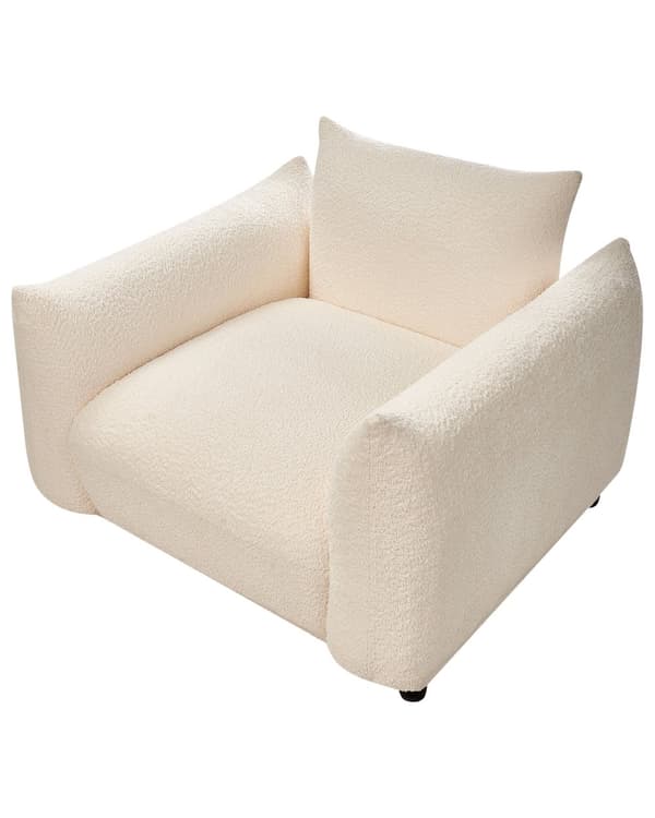 Fåtölj Vit Bouclé Tyg Mjuk Nubbig Svarta Ben Böjda Ryggstöd Retro Glam Art Decor Stil