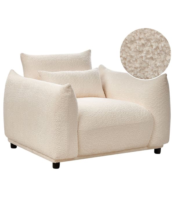 Fåtölj Vit Bouclé Tyg Mjuk Nubbig Svarta Ben Böjda Ryggstöd Retro Glam Art Decor Stil