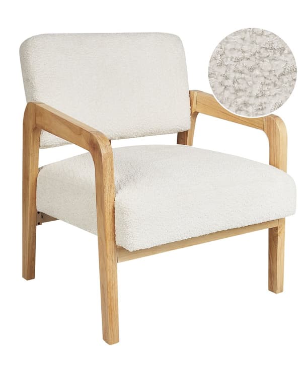 Fåtölj Vit Bouclé Tyg Mjukt Nubbigt Ljust Trä Ram Retro Konst Dekor Stil