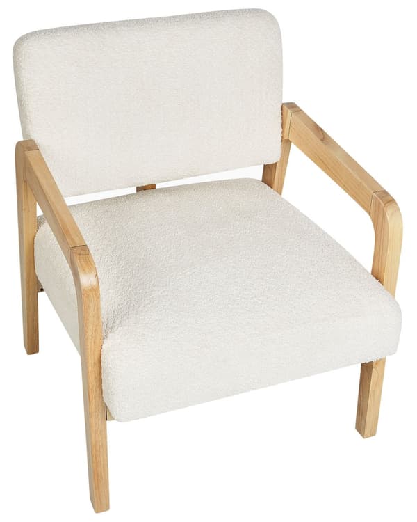 Lænestol Hvid Boucle Stuestol med Armlæn til Stuen Bred Hvilestol Polstret Design Møbel Stol