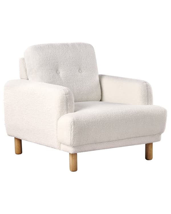 Nojatuoli valkoinen bukleekangas verhoiltu puujalat nappikoristeltu olohuoneen retro minimalistinen tyyli