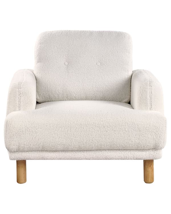 Nojatuoli valkoinen bukleekangas verhoiltu puujalat nappikoristeltu olohuoneen retro minimalistinen tyyli
