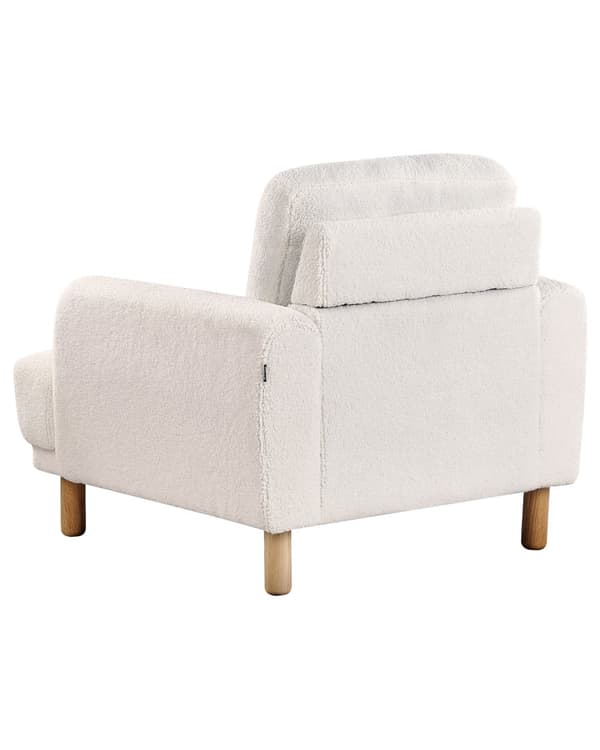 Nojatuoli valkoinen bukleekangas verhoiltu puujalat nappikoristeltu olohuoneen retro minimalistinen tyyli