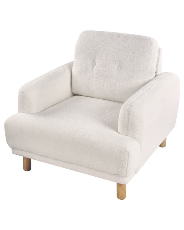 Nojatuoli valkoinen bukleekangas verhoiltu puujalat nappikoristeltu olohuoneen retro minimalistinen tyyli