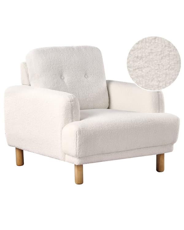 Nojatuoli valkoinen bukleekangas verhoiltu puujalat nappikoristeltu olohuoneen retro minimalistinen tyyli