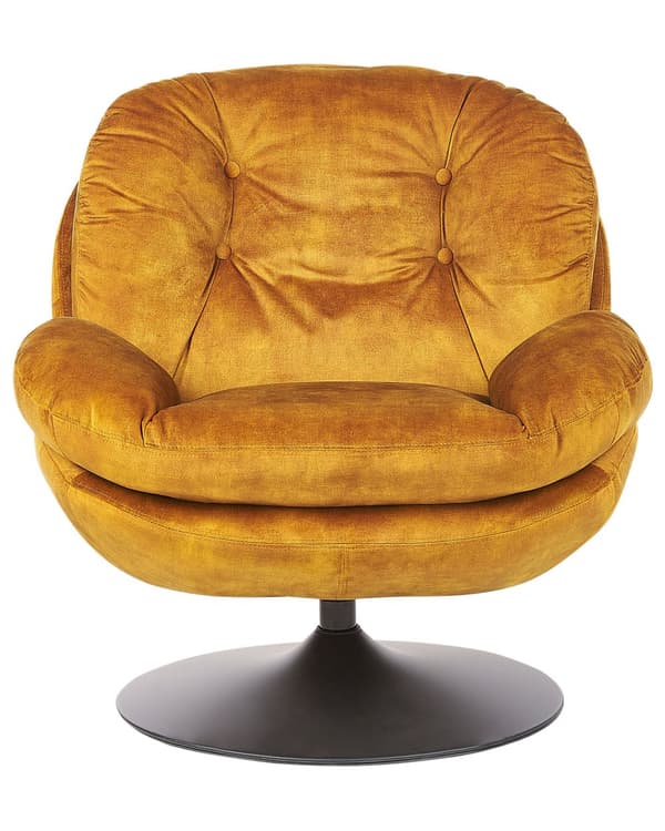 Kääntyvä nojatuoli sametti sinapinkeltainen nappituftattu yksijalkainen glamour retro