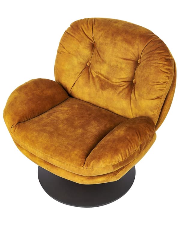 Kääntyvä nojatuoli sametti sinapinkeltainen nappituftattu yksijalkainen glamour retro