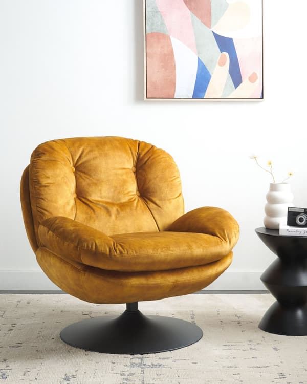Kääntyvä nojatuoli sametti sinapinkeltainen nappituftattu yksijalkainen glamour retro
