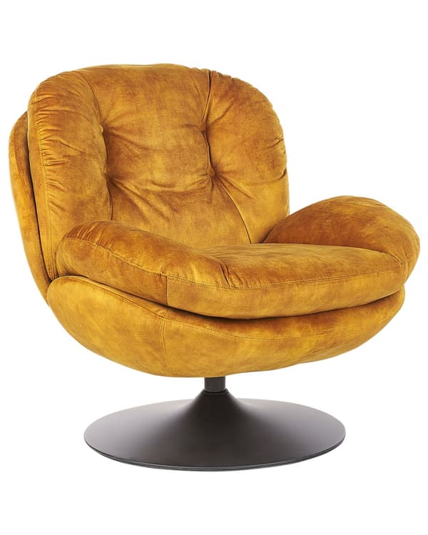 Kääntyvä nojatuoli sametti sinapinkeltainen nappituftattu yksijalkainen glamour retro
