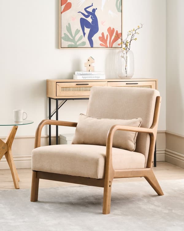 Lenestol Beige Stoff Treben med Armlener og Pute Klassisk Tradisjonell Stue