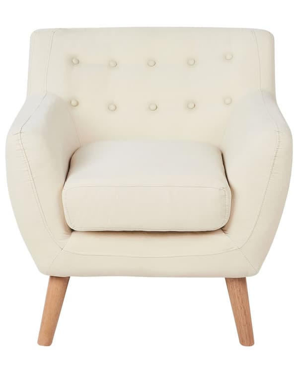 Lænestol Lys beige Polyester Lyst Træben Hvilestol Tyk Polstret Sæde Tuftet Ryg Skandinavisk Minimalistisk Stue Klassisk Moderne Retro Design