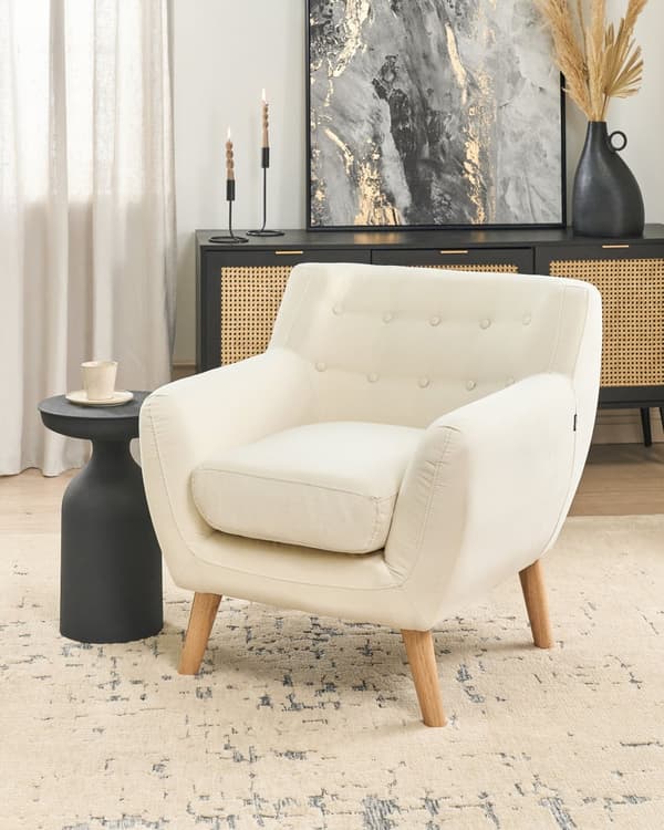 Lænestol Lys beige Polyester Lyst Træben Hvilestol Tyk Polstret Sæde Tuftet Ryg Skandinavisk Minimalistisk Stue Klassisk Moderne Retro Design