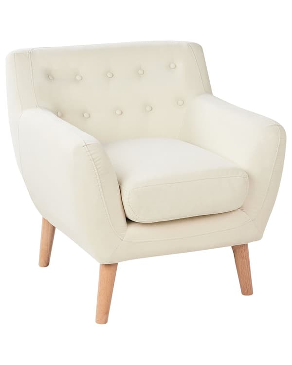 Lænestol Lys beige Polyester Lyst Træben Hvilestol Tyk Polstret Sæde Tuftet Ryg Skandinavisk Minimalistisk Stue Klassisk Moderne Retro Design