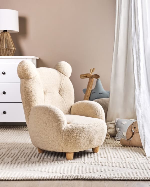 Lasten nojatuoli beige teddykangasverhoilu pörröinen karhu lastenhuoneen moderni