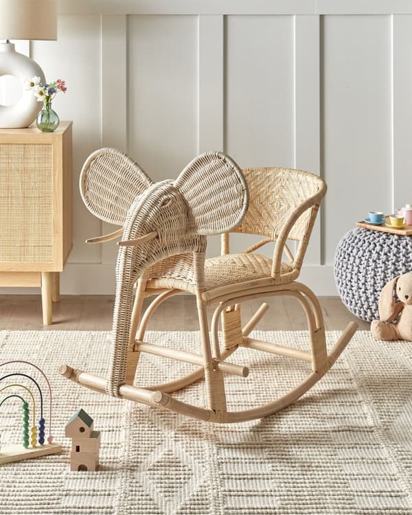 Børne Gyngestol Lys Rattan Stol til Børn med Flet Elefant Design Moderne Rattanstol til Børneværelse Gyngehest med Ryglæn