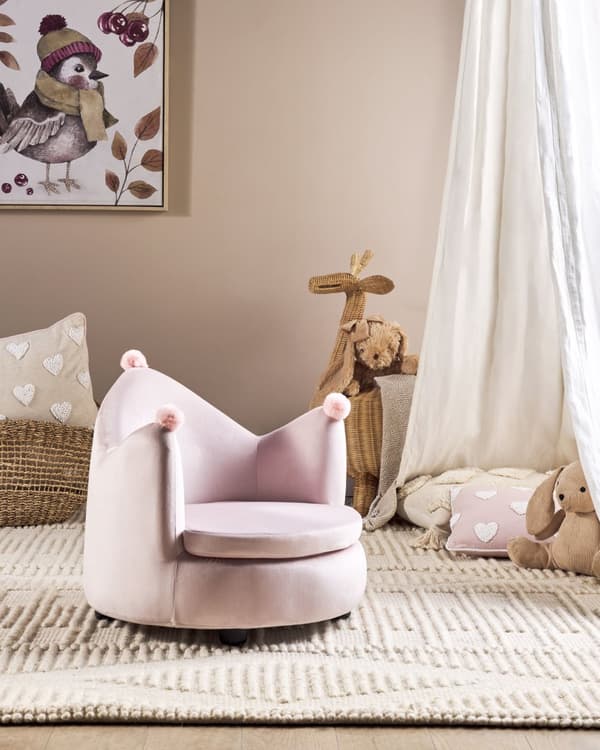 Fåtölj Rosa Sammetsklädsel med Armstöd Barnrumsmöbler Stol för Barn Modern Design Kronform Barnrum Barnkammare Lekrum