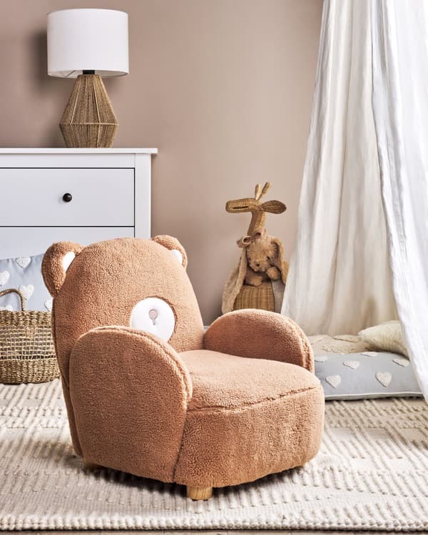 Djurstol Brun Konstpälsklädsel med Armstöd Barnmöbler Fåtölj för Barn Modern Design Björnform Barnkammare Barnrum Sovrum Lekrum