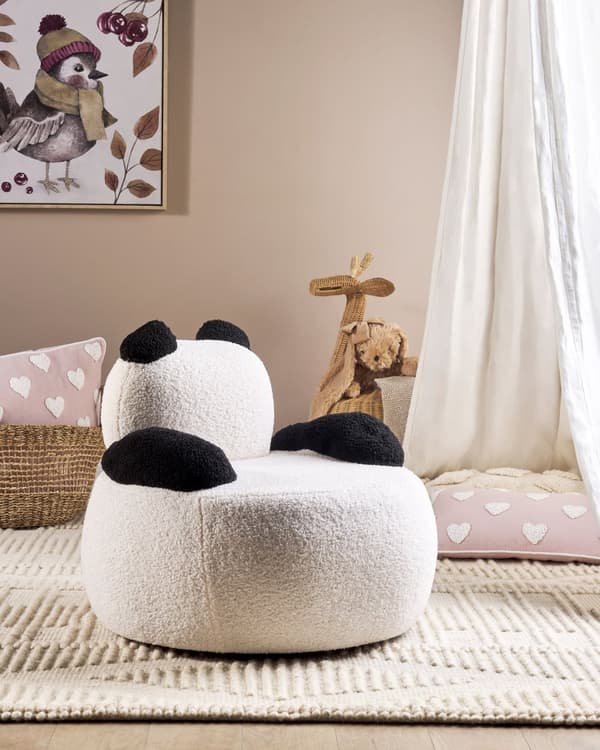 Dyrestol i hvitt og svart boucletrekk med armlener Barnehagemøbler Sete for barn Moderne design Pandaform