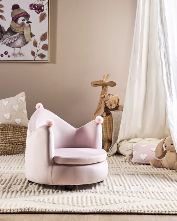Stol Pastellrosa Fløyelspolstring Barnehagemøbler Sitteplass for barn Moderne design Kroneform