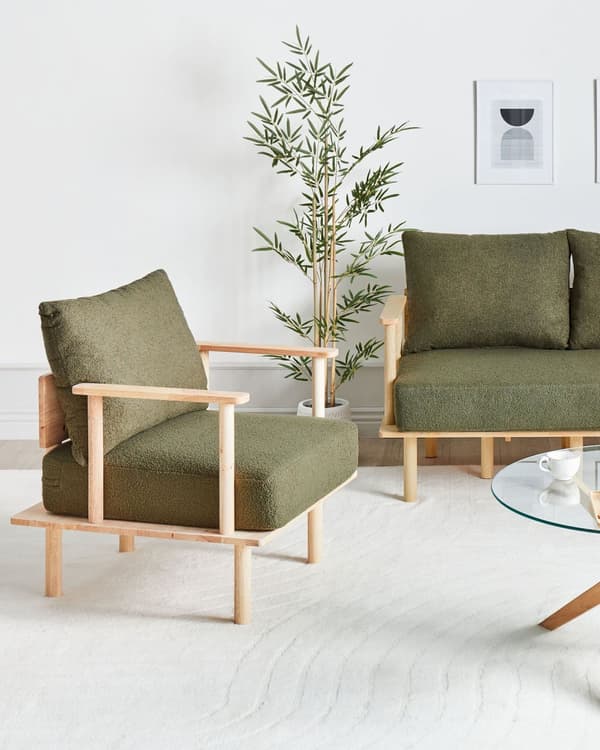 Fåtölj Mörkgrön Bouclé Tygklädsel Japandi Minimalistisk stil