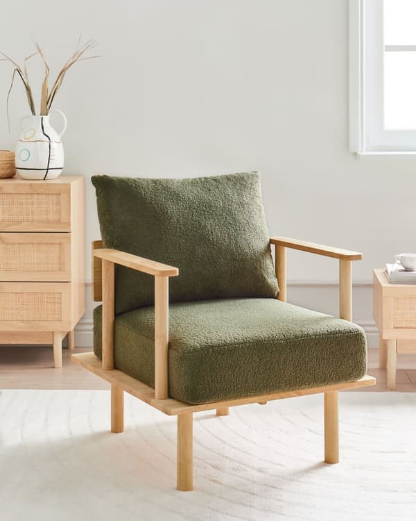 Fåtölj Mörkgrön Bouclé Tygklädsel Japandi Minimalistisk stil