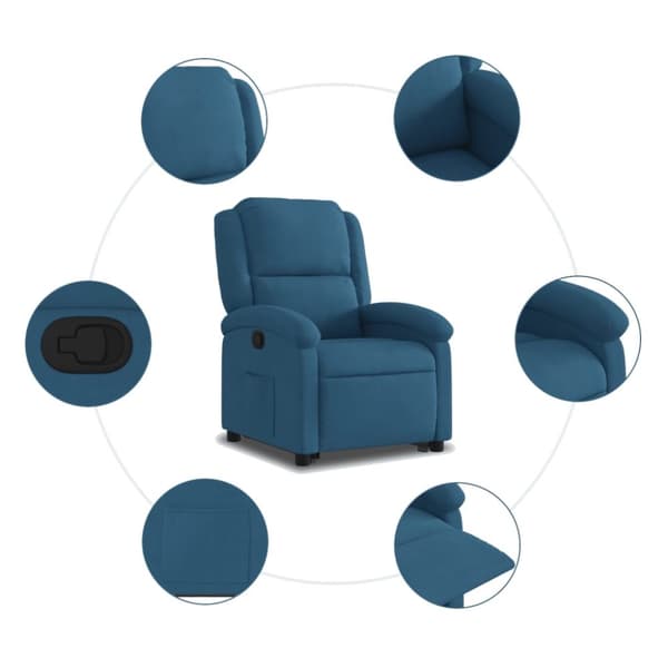 Reclinerfåtölj med uppresningshjälp blå sammet