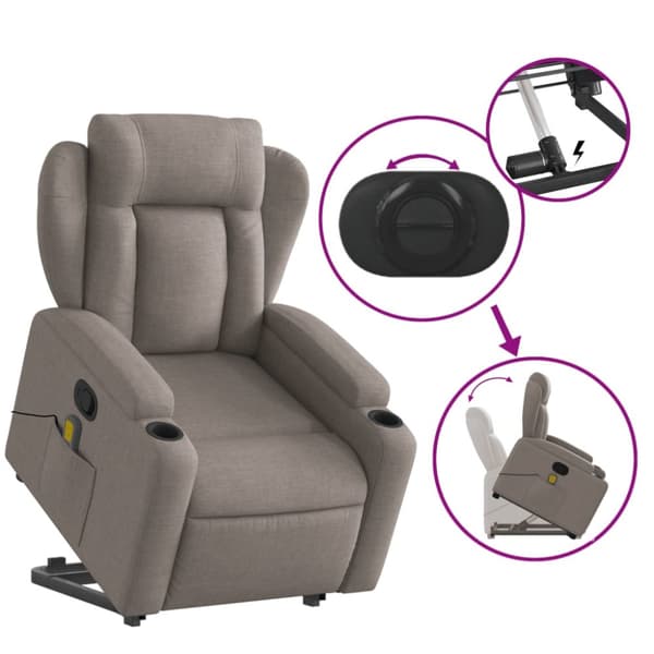 Massagefåtölj med uppresningshjälp taupe tyg