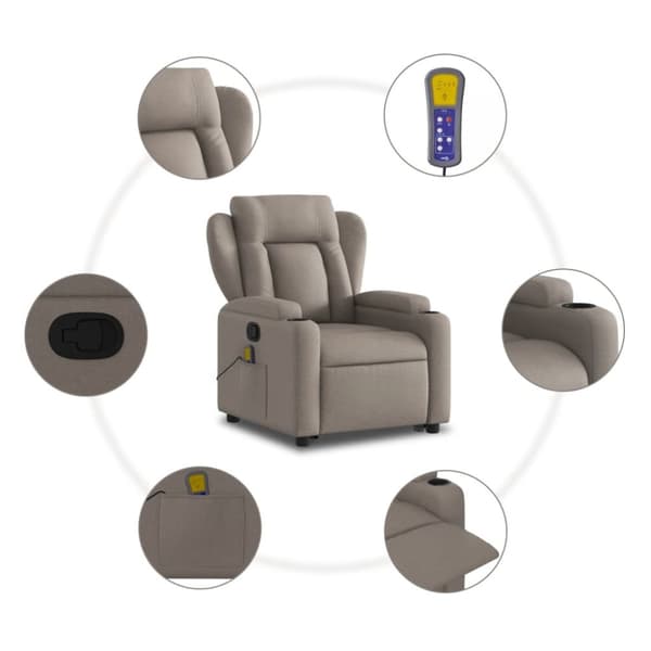 Massagefåtölj med uppresningshjälp taupe tyg