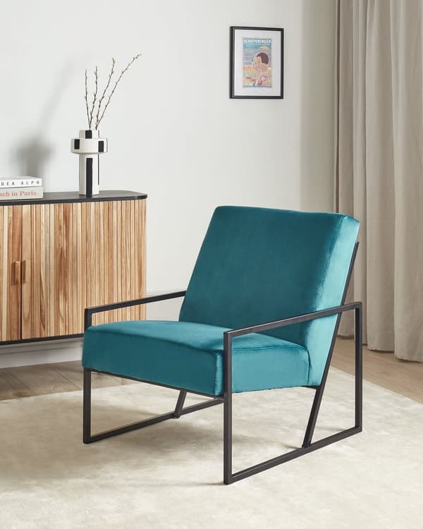 Fåtölj Blågrön Sammet Ryggstöd Armstöd Svart Järnram Modern Glamorös Vardagsrum