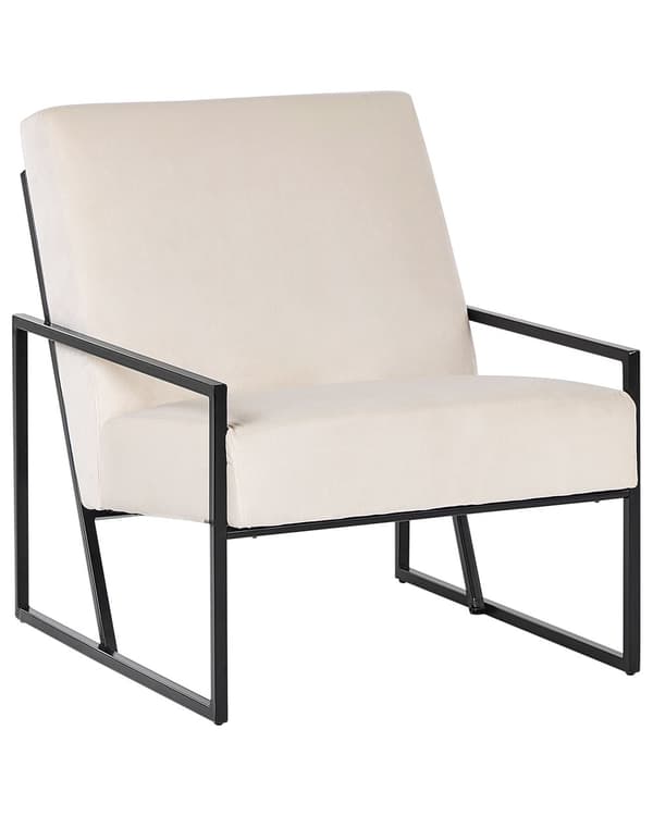 Lænestol lys beige velourfløjl sølvfarvet metalstel quiltet ryg og sæde cocktail glamour lounge
