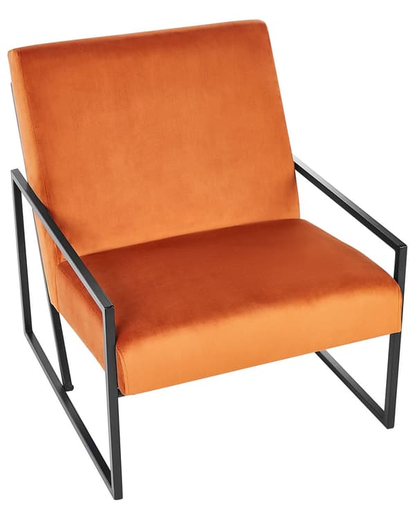 Lænestol orange velourfløjl sølvfarvet metalstel quiltet ryg og sæde cocktail glamour lounge