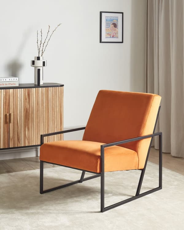 Lænestol orange velourfløjl sølvfarvet metalstel quiltet ryg og sæde cocktail glamour lounge