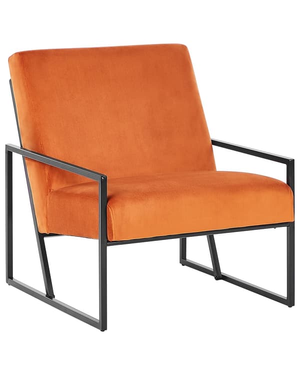 Lænestol orange velourfløjl sølvfarvet metalstel quiltet ryg og sæde cocktail glamour lounge