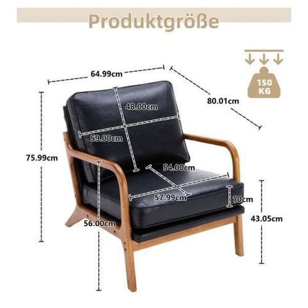 Fåtölj - Svart - Massivt gummiträd - Lutad rygg - Avtagbar klädsel - 1 plats