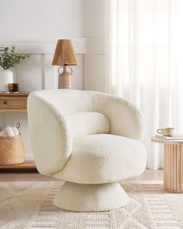 Snurrfåtölj Off-White Bouclé Sits Utan Armstöd Retrostil Metallben