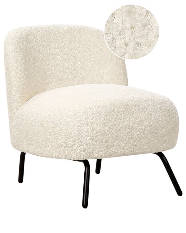 Lænestol cremehvid råhvid boucle sæde uden armlæn metalben i retro moderne stil stue