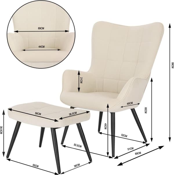 Rootz Relax Stolset - Wing Lounge Chair - TV-stol - Manchester Klädd - Metallstomme - Fotpall - Stilren design - 99 cm x 44 cm x 60 cm