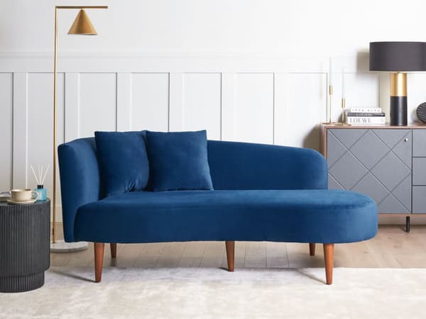 Sjeselong Marineblå Fløyel Polyester Venstrevendt Ekstra pynteputer Ben i mørkt tre Moderne design Stue
