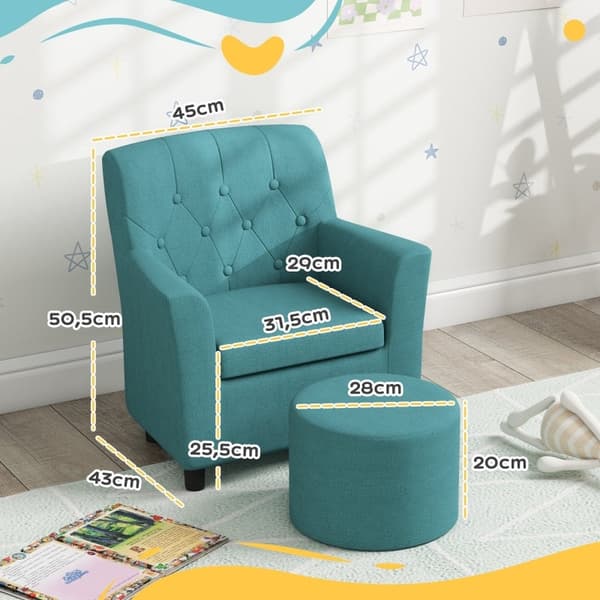 Rootz Kids Fåtöljset - Barnsoffa - Matchande ottomansk - Snyggt ryggstöd i diamant - Träram - Mysig stoppning - Blå - 45cm x 43cm x 50,5cm
