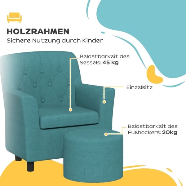 Rootz Kids Fåtöljset - Barnsoffa - Matchande ottomansk - Snyggt ryggstöd i diamant - Träram - Mysig stoppning - Blå - 45cm x 43cm x 50,5cm