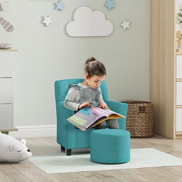Rootz Kids Fåtöljset - Barnsoffa - Matchande ottomansk - Snyggt ryggstöd i diamant - Träram - Mysig stoppning - Blå - 45cm x 43cm x 50,5cm