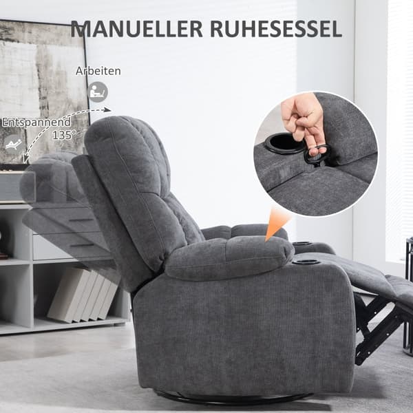 Rootz Liggstol - Tv-fåtölj - Avslappningsstol - 135° justerbart ryggstöd - Förlängt fotstöd - Sväng- och gungfunktioner - Mörkgrå - 88cm x 96cm x 108c