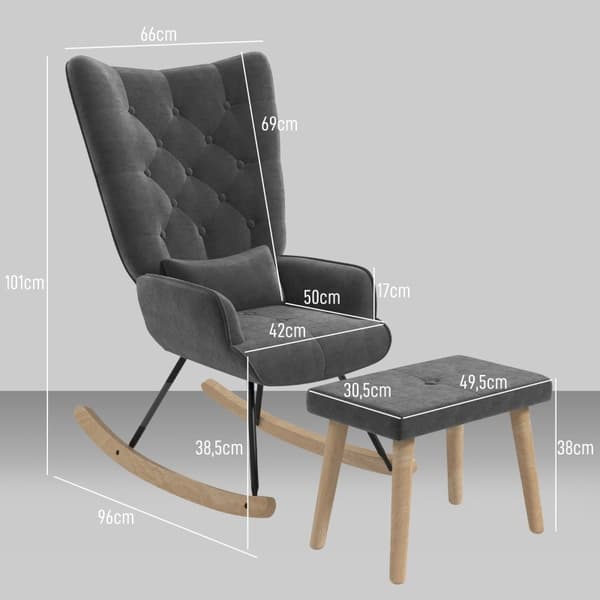 Rootz loungestol og skammelsæt - Moderne lænestol - Polstret hvilestol - Fløjlspolstring - Gummitræben - Mørkegrå - 66 cm x 96 cm x 101 cm
