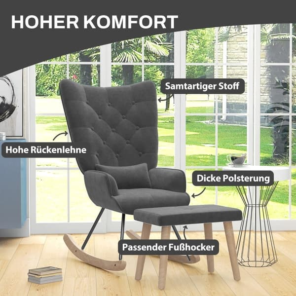 Rootz loungestol og skammelsæt - Moderne lænestol - Polstret hvilestol - Fløjlspolstring - Gummitræben - Mørkegrå - 66 cm x 96 cm x 101 cm