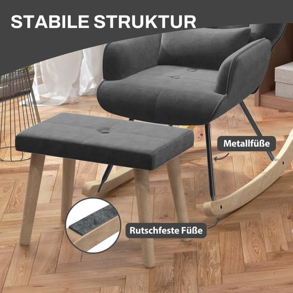 Rootz loungestol og skammelsæt - Moderne lænestol - Polstret hvilestol - Fløjlspolstring - Gummitræben - Mørkegrå - 66 cm x 96 cm x 101 cm